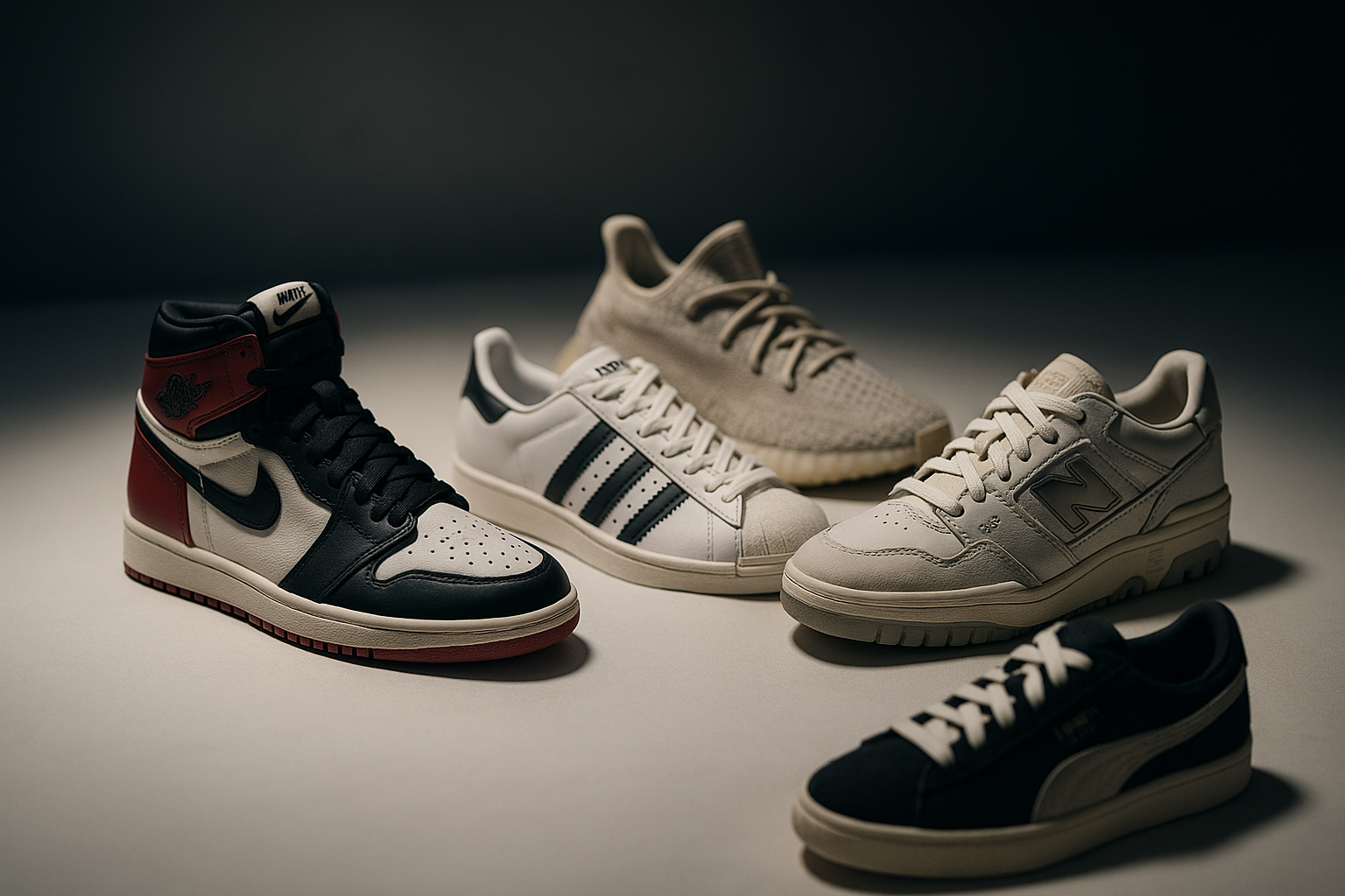 Cinematic, high-resolution hero image for a sneaker e-commerce homepage — multiple premium sneakers (Nike Air Jordan 1, Adidas Superstar, New Balance 550, Yeezy, Puma Suede) arranged aesthetically on a clean modern surface, soft spotlight from above, dramatic shadows, urban streetwear atmosphere, depth of field with slight blur in the background, realistic materials and textures, photorealistic, 8K, no text, centered composition