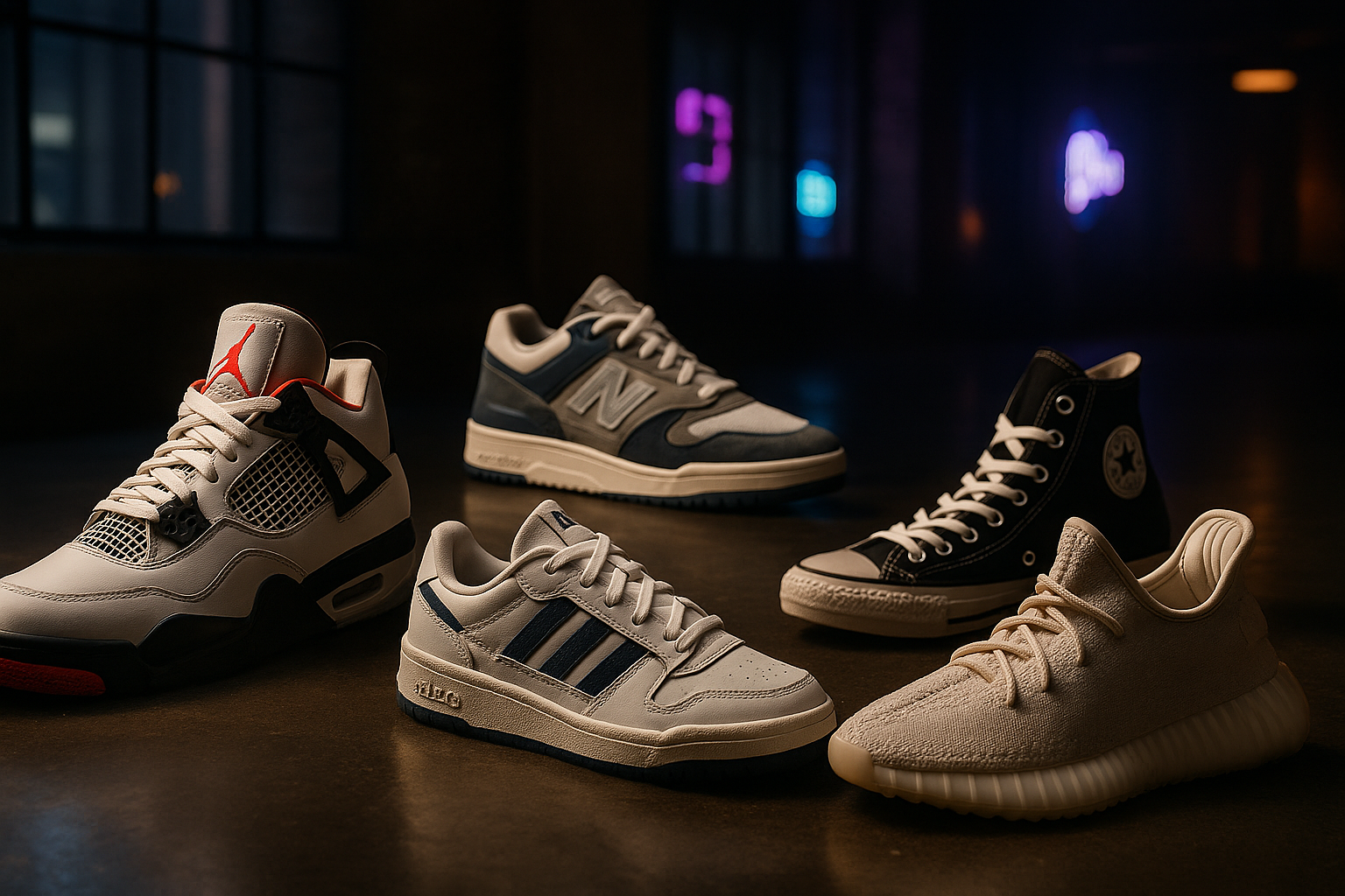 Cinematic, ultra-realistic hero image for a sneaker online store homepage — premium sneakers scattered casually yet stylishly across a dark concrete surface (Nike Air Jordan 4, Adidas Forum Low, New Balance 997H, Converse Chuck Taylor, Yeezy Boost), warm directional light from the side creating deep shadows, slight reflections on the surface, urban loft background with blurred neon signs, high depth of field, 8K resolution, no text, visually dynamic composition